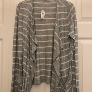 Grey and white striped drape front cardigan